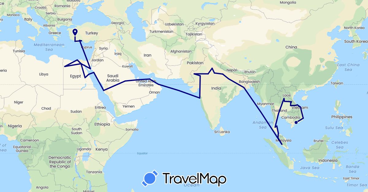 TravelMap itinerary: driving in United Arab Emirates, Egypt, India, Laos, Malaysia, Oman, Saudi Arabia, Thailand, Turkey, Vietnam (Africa, Asia)